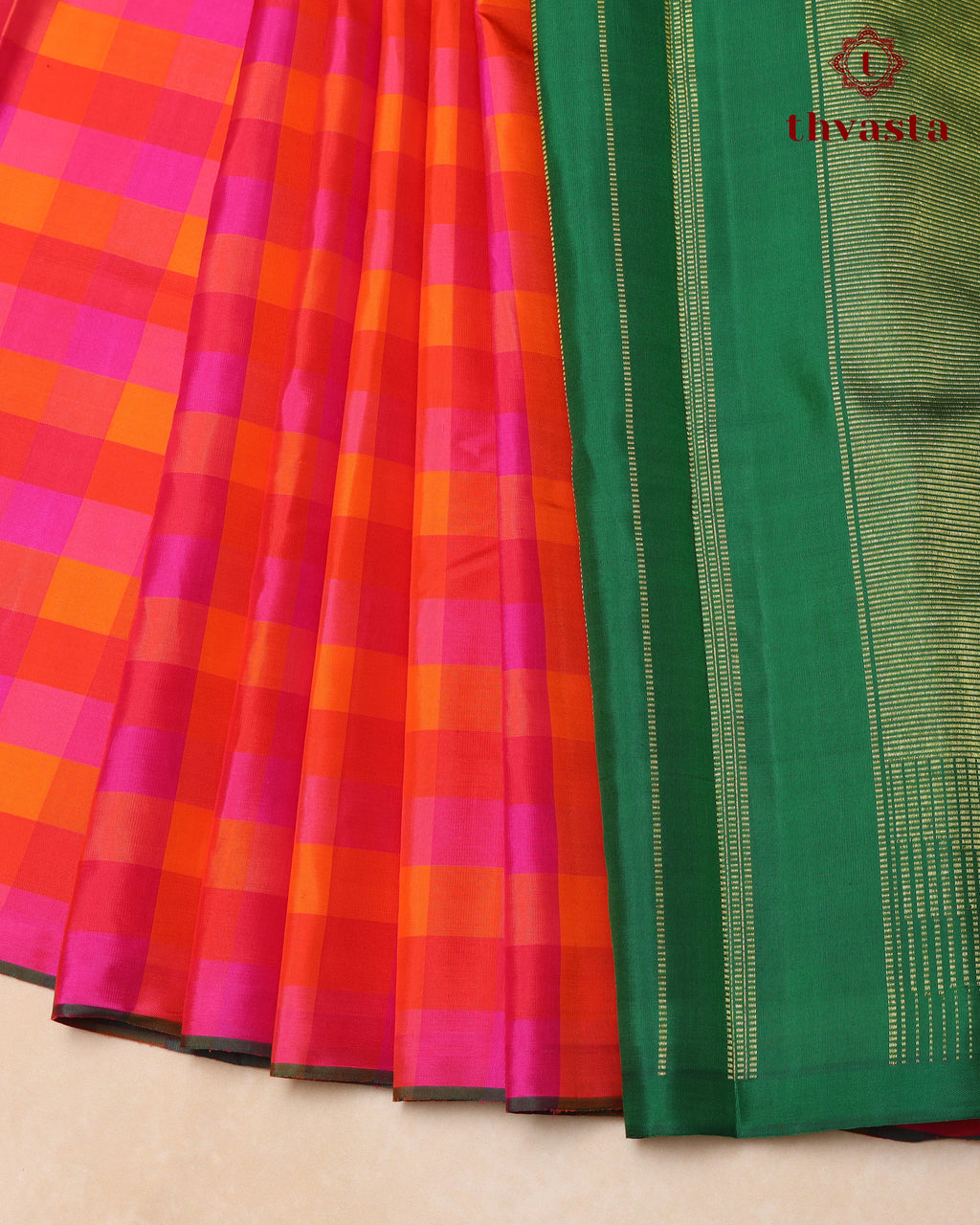 Pure Kanjivaram Silk - Pink and Orange Checks