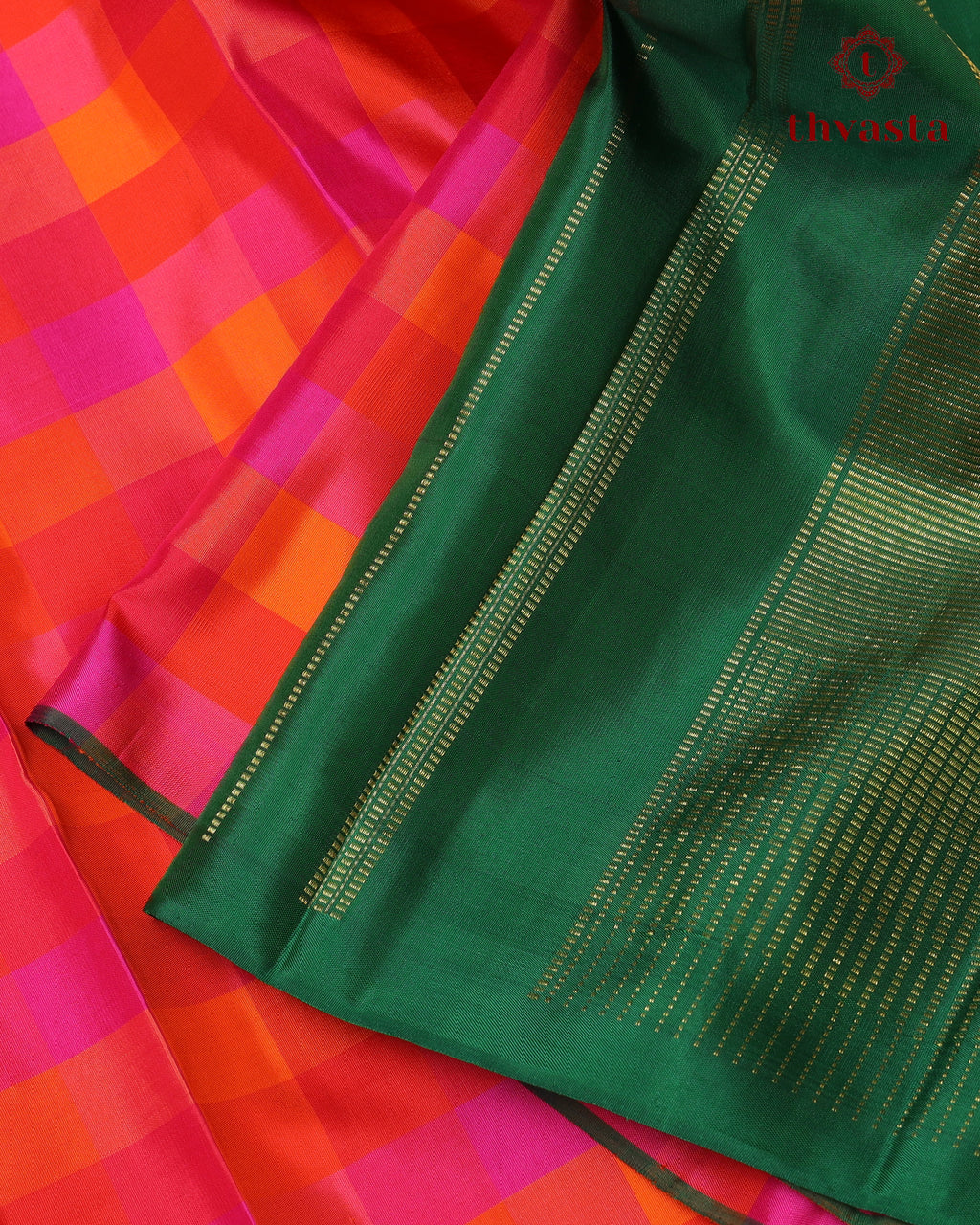 Pure Kanjivaram Silk - Pink and Orange Checks