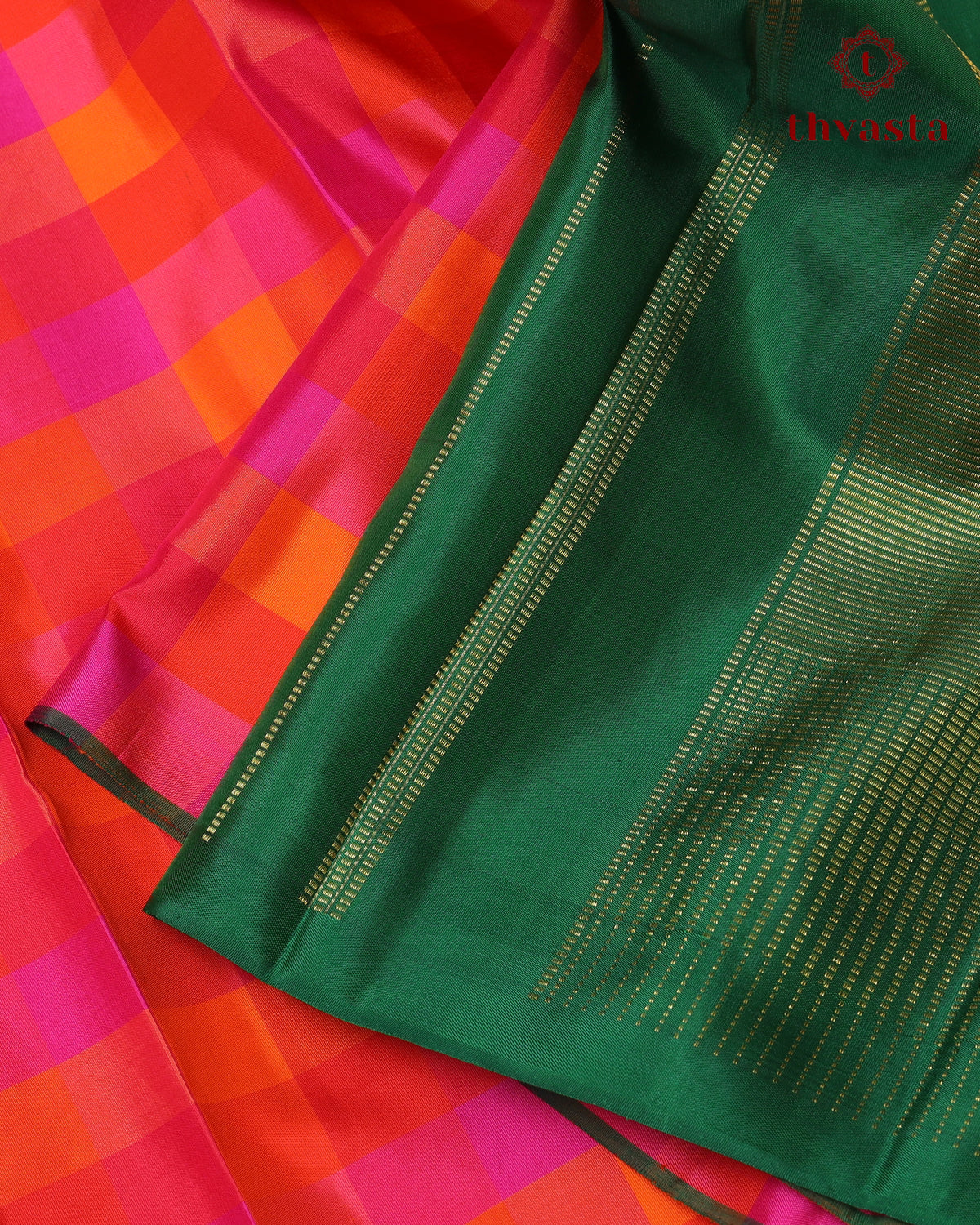 Pure Kanjivaram Silk - Pink and Orange Checks
