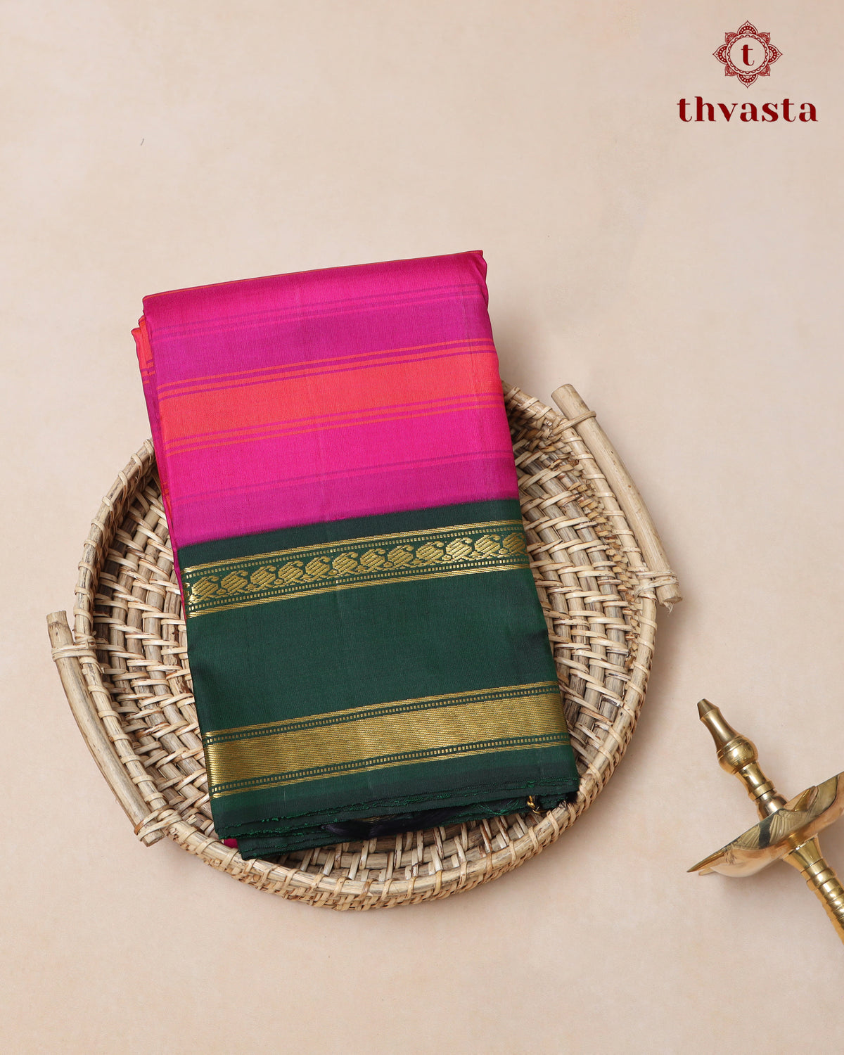 Pure Kanjivaram Silk - Pink and Orange Stripes