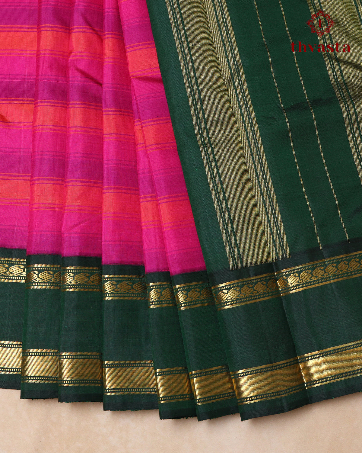 Pure Kanjivaram Silk - Pink and Orange Stripes