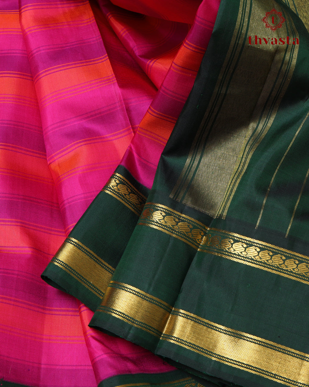 Pure Kanjivaram Silk - Pink and Orange Stripes