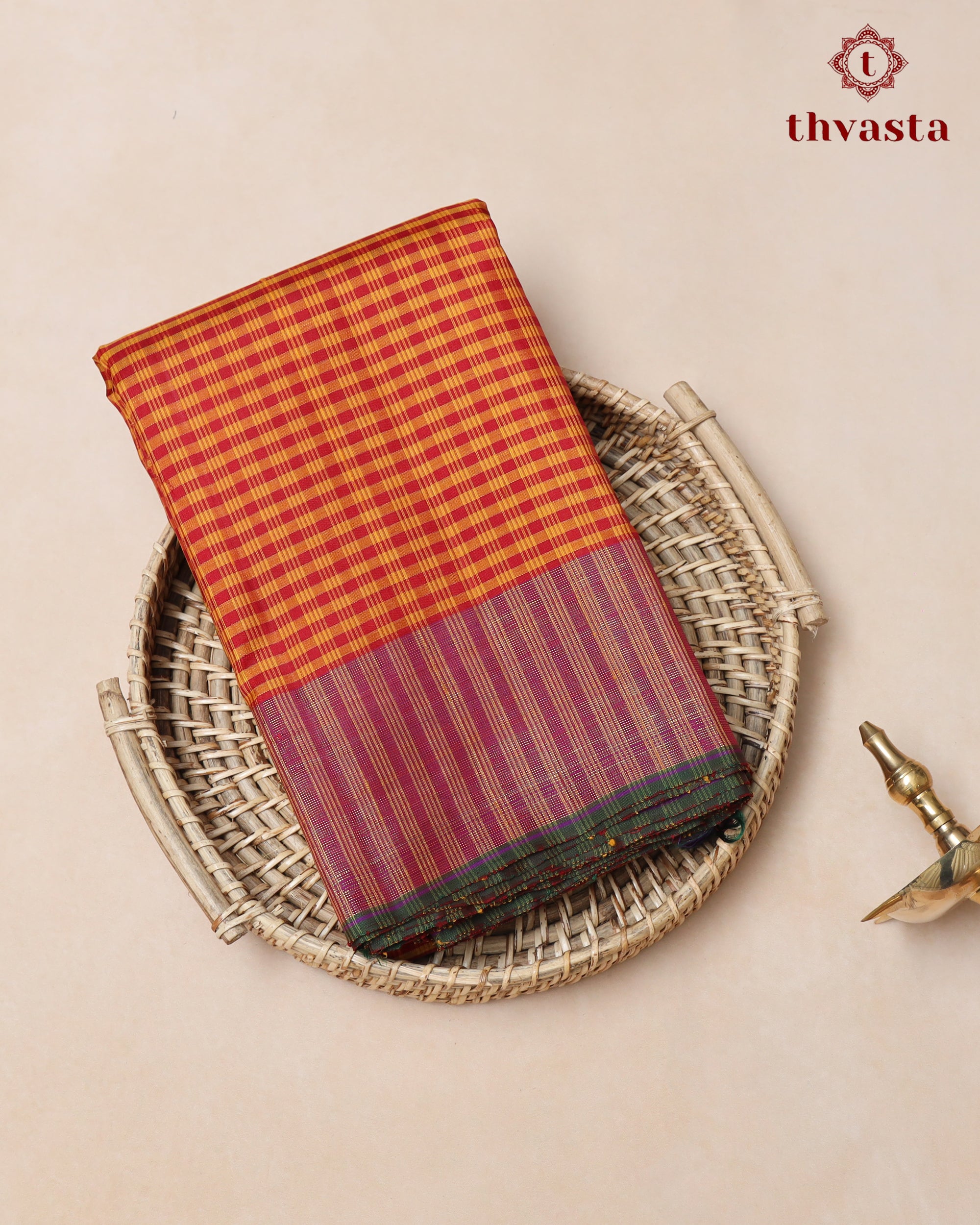 Pure Kanjivaram Silk - Yellow Maroon Checks