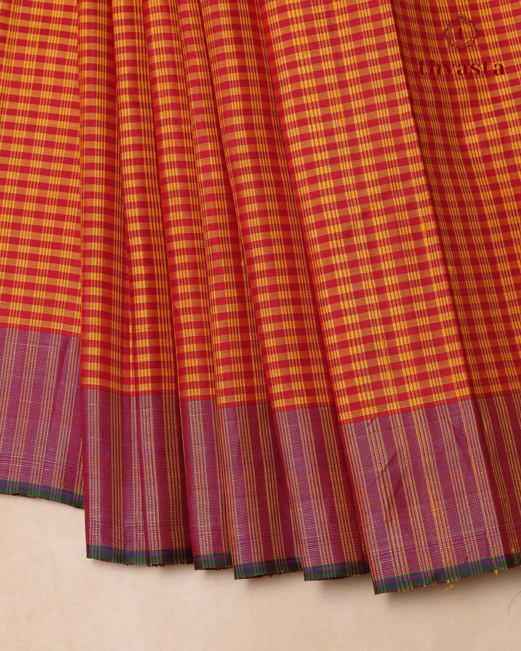 Pure Kanjivaram Silk - Yellow Maroon Checks