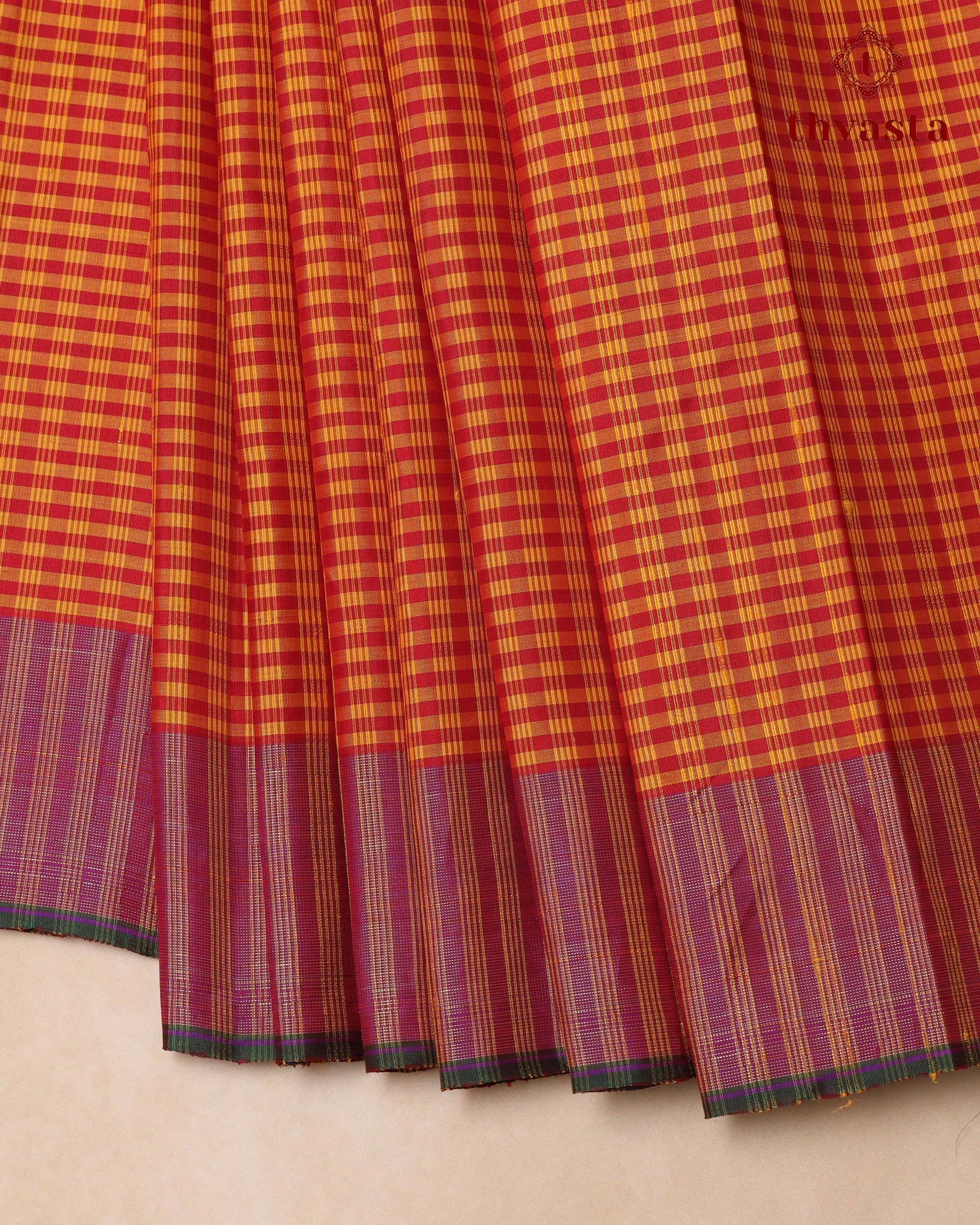 Pure Kanjivaram Silk - Yellow Maroon Checks
