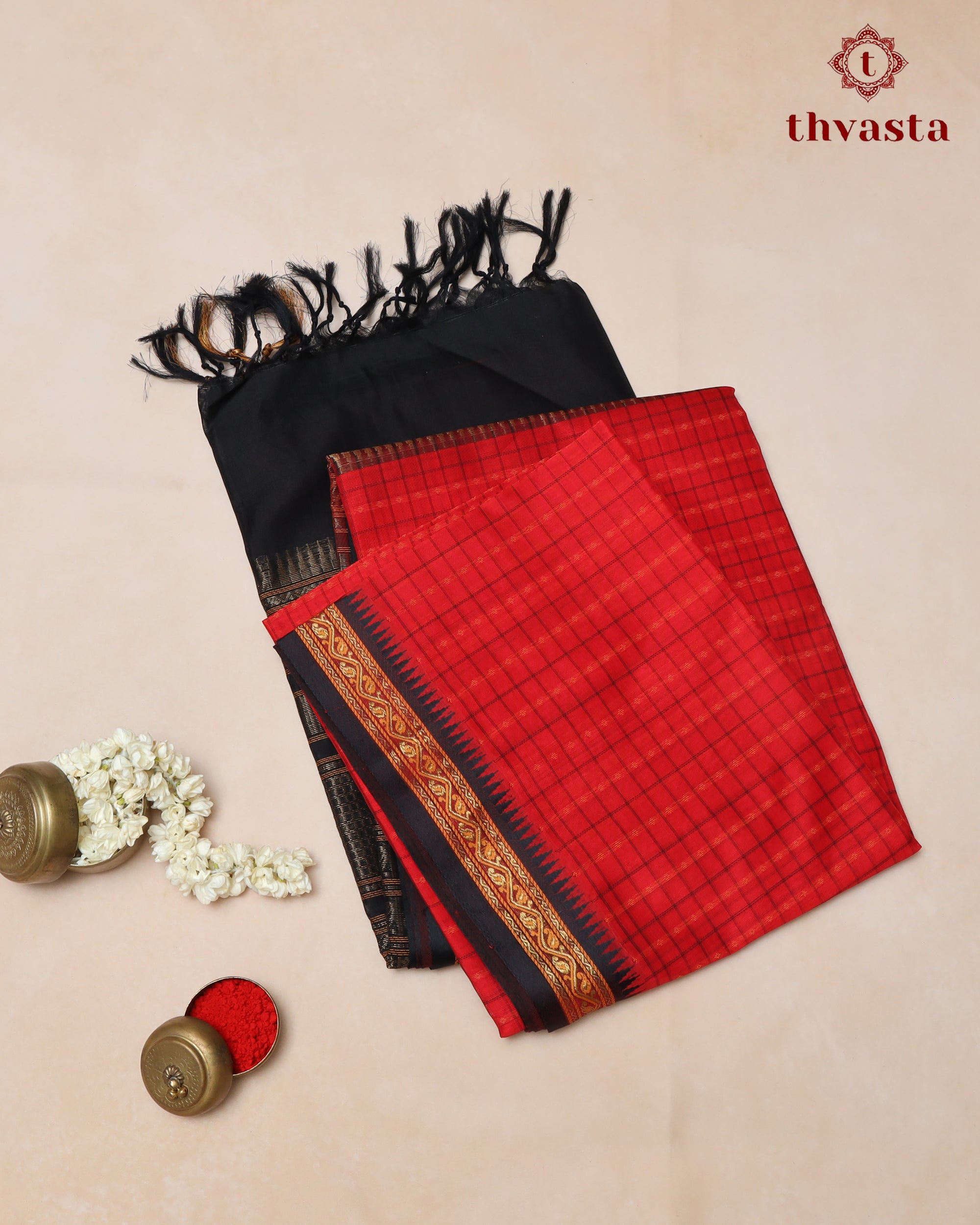 Silk cotton - Red Butta Checks and Black