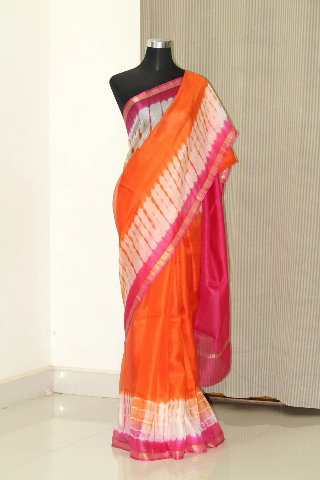 Pure Kota Silk - Orange and Pink