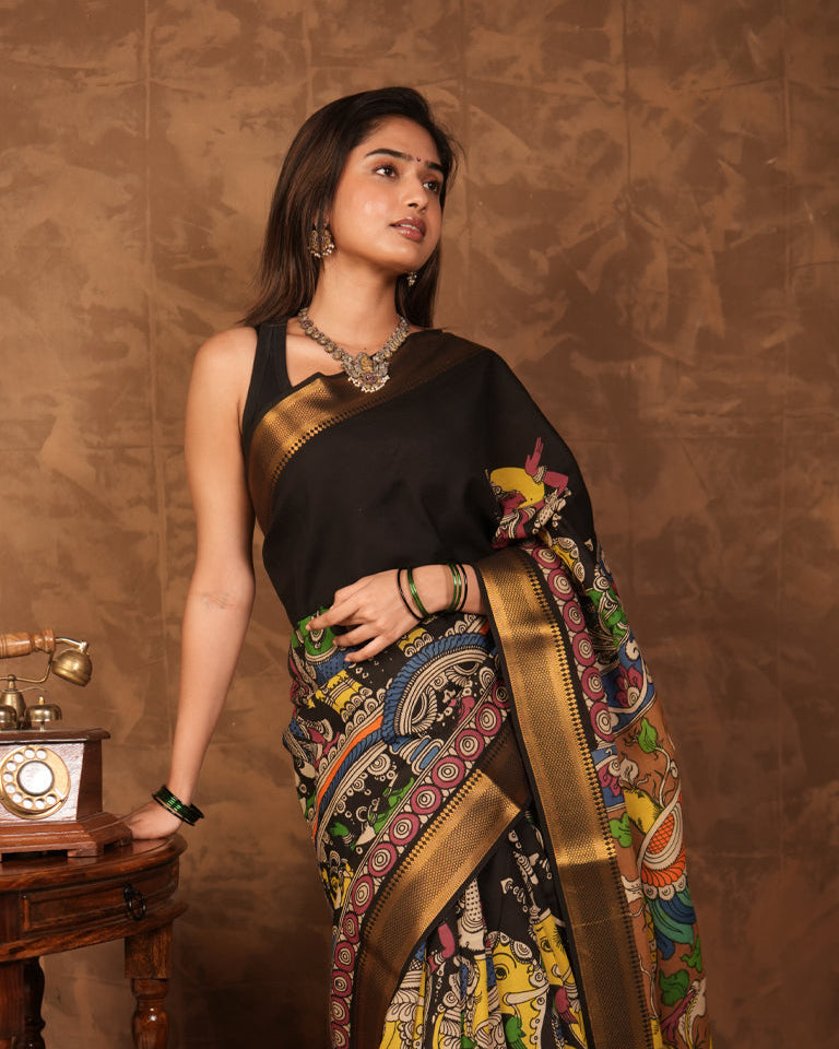 Pen Kalamkari Bangalore Silk – Black